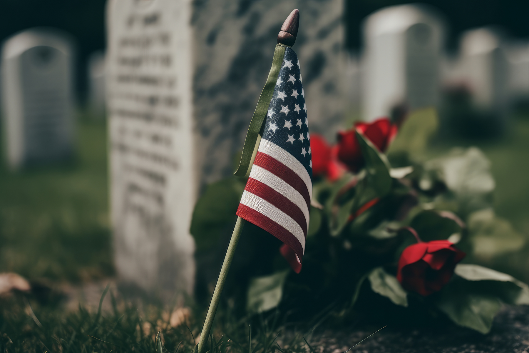 A small American flag stands beside red roses at a gravestone, symbolizing heartfelt tribute and remembrance on Memorial Day. A small American flag stands beside red roses at a gravestone, symbolizing heartfelt tribute and remembrance on Memorial Day.