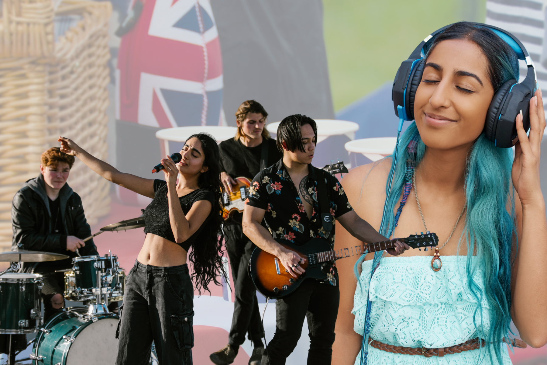 A lively band performs on stage while a young woman with blue hair enjoys the music through headphones, capturing the energy and joy of live entertainment. A lively band performs on stage while a young woman with blue hair enjoys the music through headphones, capturing the energy and joy of live entertainment.