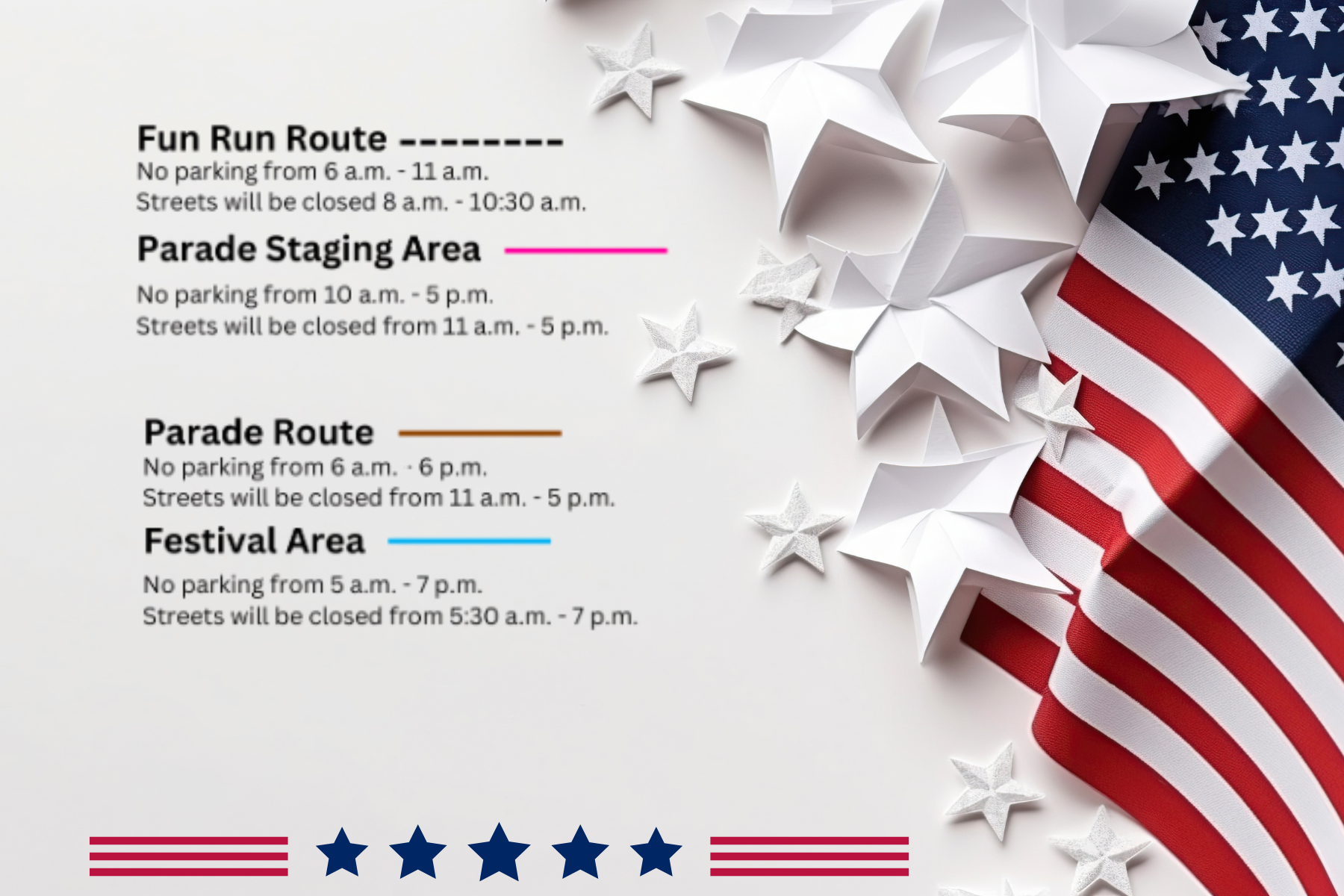 This patriotic graphic outlines Memorial Day event logistics, detailing street closures and no-parking times for the fun run, parade, and festival zones. This patriotic graphic outlines Memorial Day event logistics, detailing street closures and no-parking times for the fun run, parade, and festival zones.