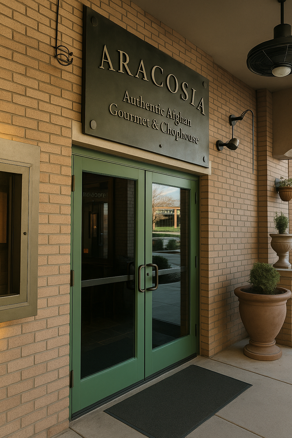 The image shows the elegant entrance of Aracosia, an Afghan gourmet restaurant, featuring mint green double doors beneath a bold, metal sign on a tan brick facade, with classic outdoor lighting and planters adding charm. The image shows the elegant entrance of Aracosia, an Afghan gourmet restaurant, featuring mint green double doors beneath a bold, metal sign on a tan brick facade, with classic outdoor lighting and planters adding charm.