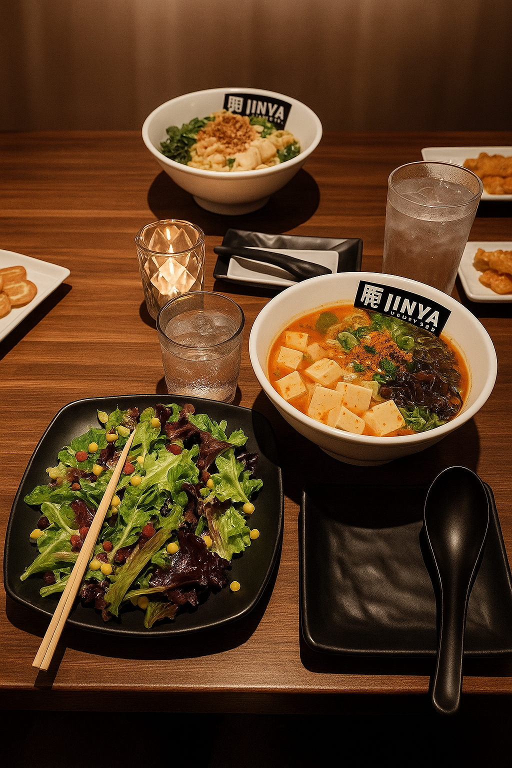 A cozy restaurant table is set with a vibrant green salad, spicy tofu ramen from JINYA, and various side dishes, creating a warm and inviting dining scene. A cozy restaurant table is set with a vibrant green salad, spicy tofu ramen from JINYA, and various side dishes, creating a warm and inviting dining scene.