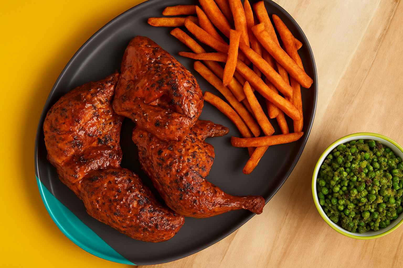 A flavorful plate of grilled peri-peri chicken is served with golden fries and a side of spiced green peas, set against a vibrant yellow and wood-toned background. A flavorful plate of grilled peri-peri chicken is served with golden fries and a side of spiced green peas, set against a vibrant yellow and wood-toned background.