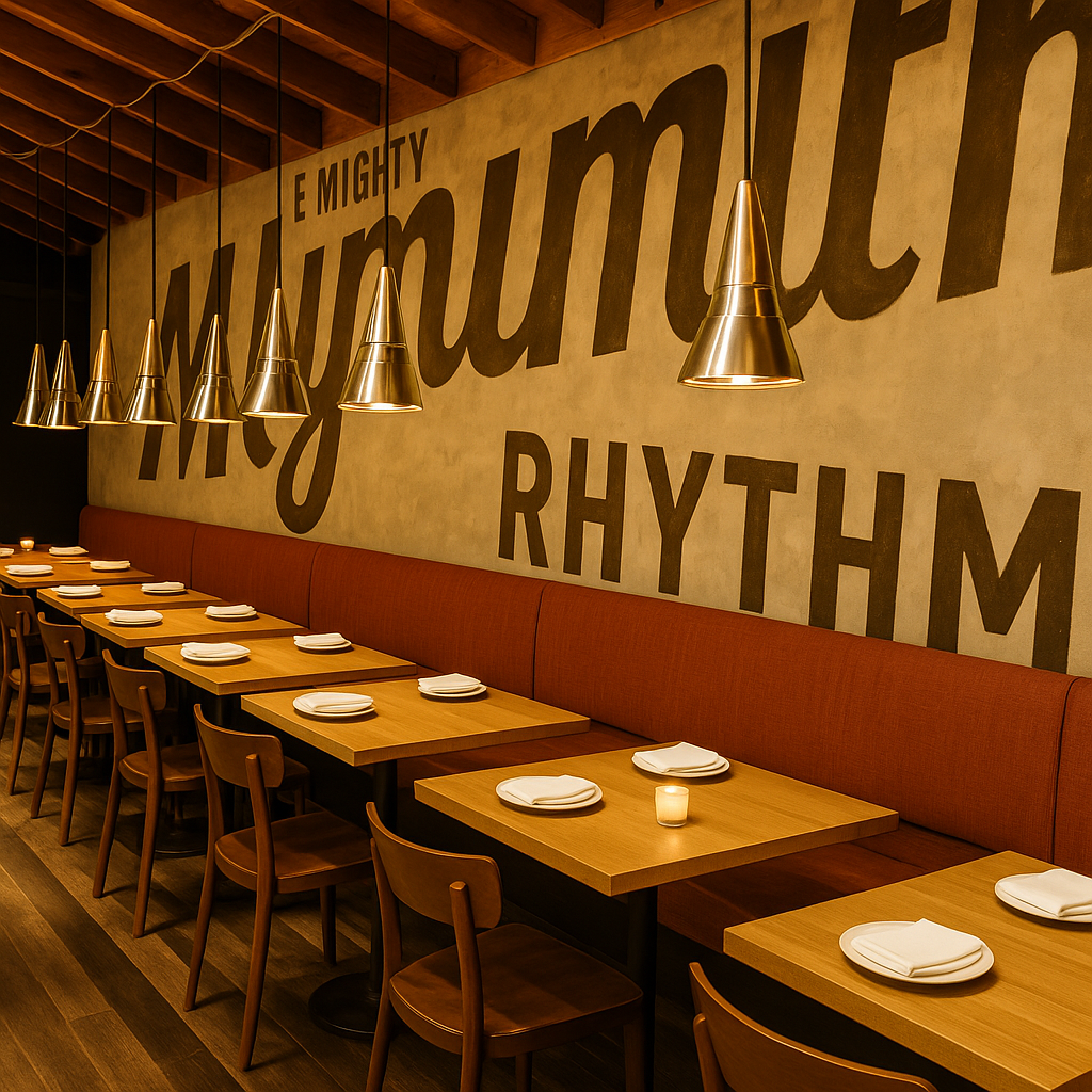 This warm, modern restaurant interior features a row of wooden tables and chairs set against a bold mural reading “Mighty Rhythm,” with industrial pendant lights casting a cozy glow. This warm, modern restaurant interior features a row of wooden tables and chairs set against a bold mural reading “Mighty Rhythm,” with industrial pendant lights casting a cozy glow.