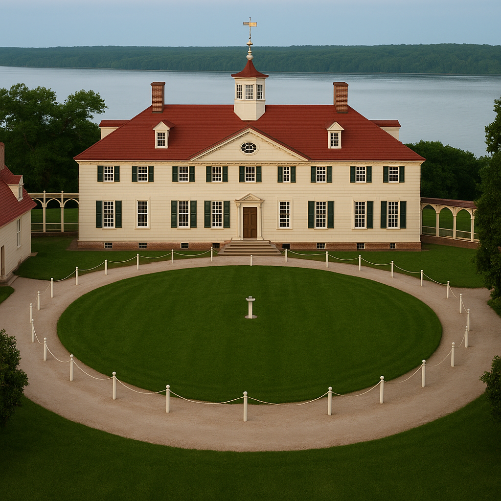 This image captures the stately Mount Vernon mansion, with its iconic red roof, symmetrical colonial design, and sweeping circular driveway overlooking the serene Potomac River. This image captures the stately Mount Vernon mansion, with its iconic red roof, symmetrical colonial design, and sweeping circular driveway overlooking the serene Potomac River.