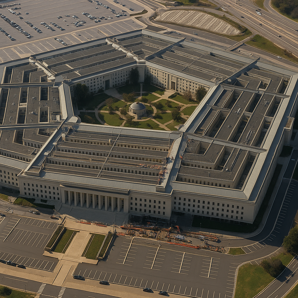 This aerial image features the Pentagon, the iconic five-sided headquarters of the U.S. Department of Defense, with its vast layout, central courtyard, and surrounding parking infrastructure. This aerial image features the Pentagon, the iconic five-sided headquarters of the U.S. Department of Defense, with its vast layout, central courtyard, and surrounding parking infrastructure.