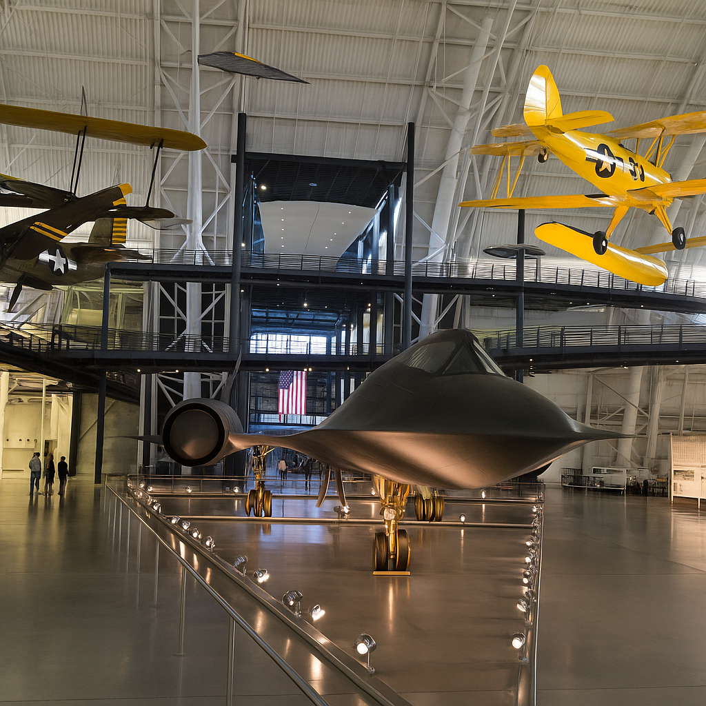 This image showcases the awe-inspiring SR-71 Blackbird and vintage aircraft suspended in the cavernous interior of the Steven F. Udvar-Hazy Center, part of the Smithsonian National Air and Space Museum in Virginia. This image showcases the awe-inspiring SR-71 Blackbird and vintage aircraft suspended in the cavernous interior of the Steven F. Udvar-Hazy Center, part of the Smithsonian National Air and Space Museum in Virginia.