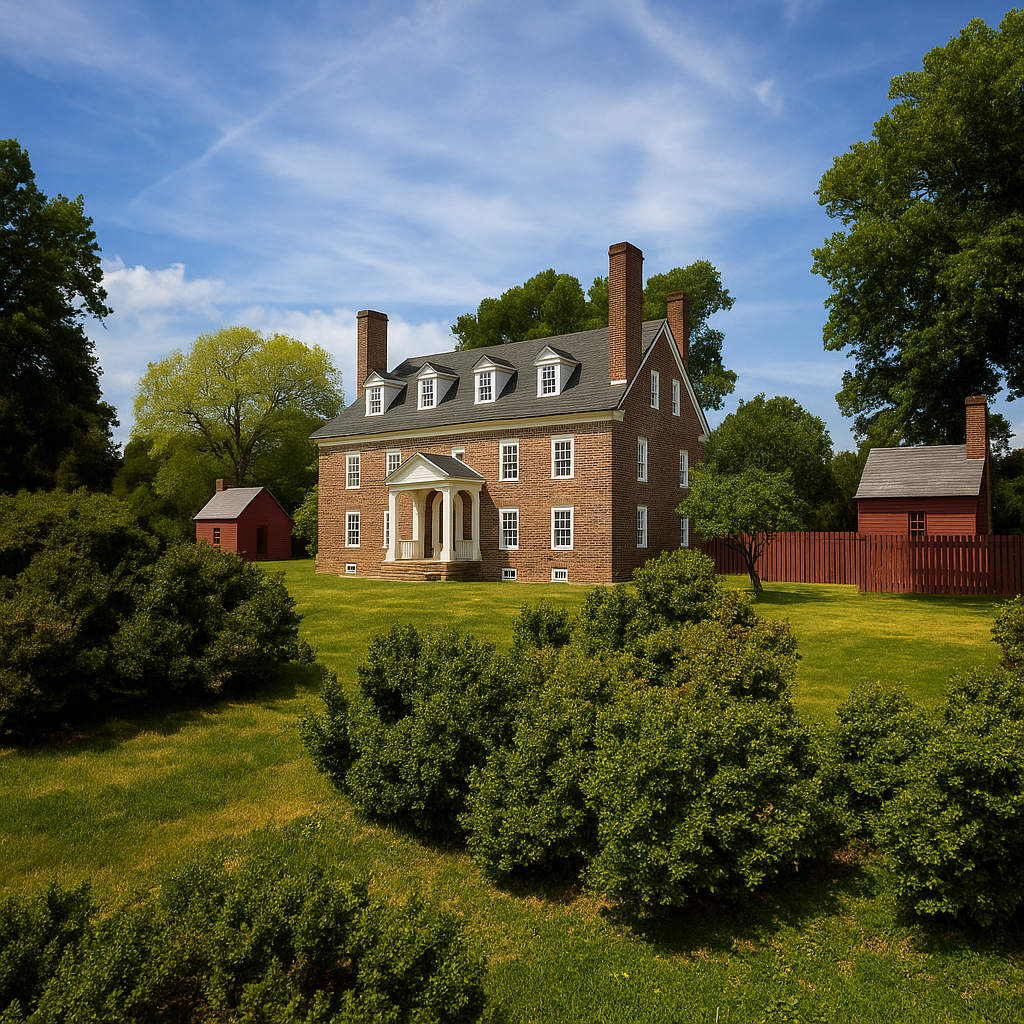 This stately Georgian brick mansion, surrounded by vibrant greenery and flanked by historic outbuildings, captures the timeless elegance of 18th-century Virginia architecture. This stately Georgian brick mansion, surrounded by vibrant greenery and flanked by historic outbuildings, captures the timeless elegance of 18th-century Virginia architecture.