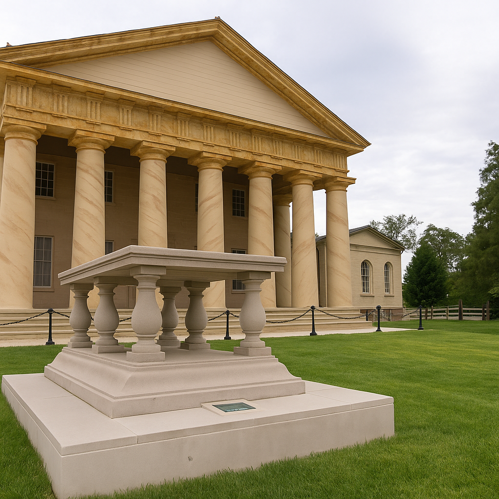This image captures the stately Arlington House with its grand columned portico and historic tomb in the foreground, set against a peaceful landscape of manicured lawns and towering trees. This image captures the stately Arlington House with its grand columned portico and historic tomb in the foreground, set against a peaceful landscape of manicured lawns and towering trees.
