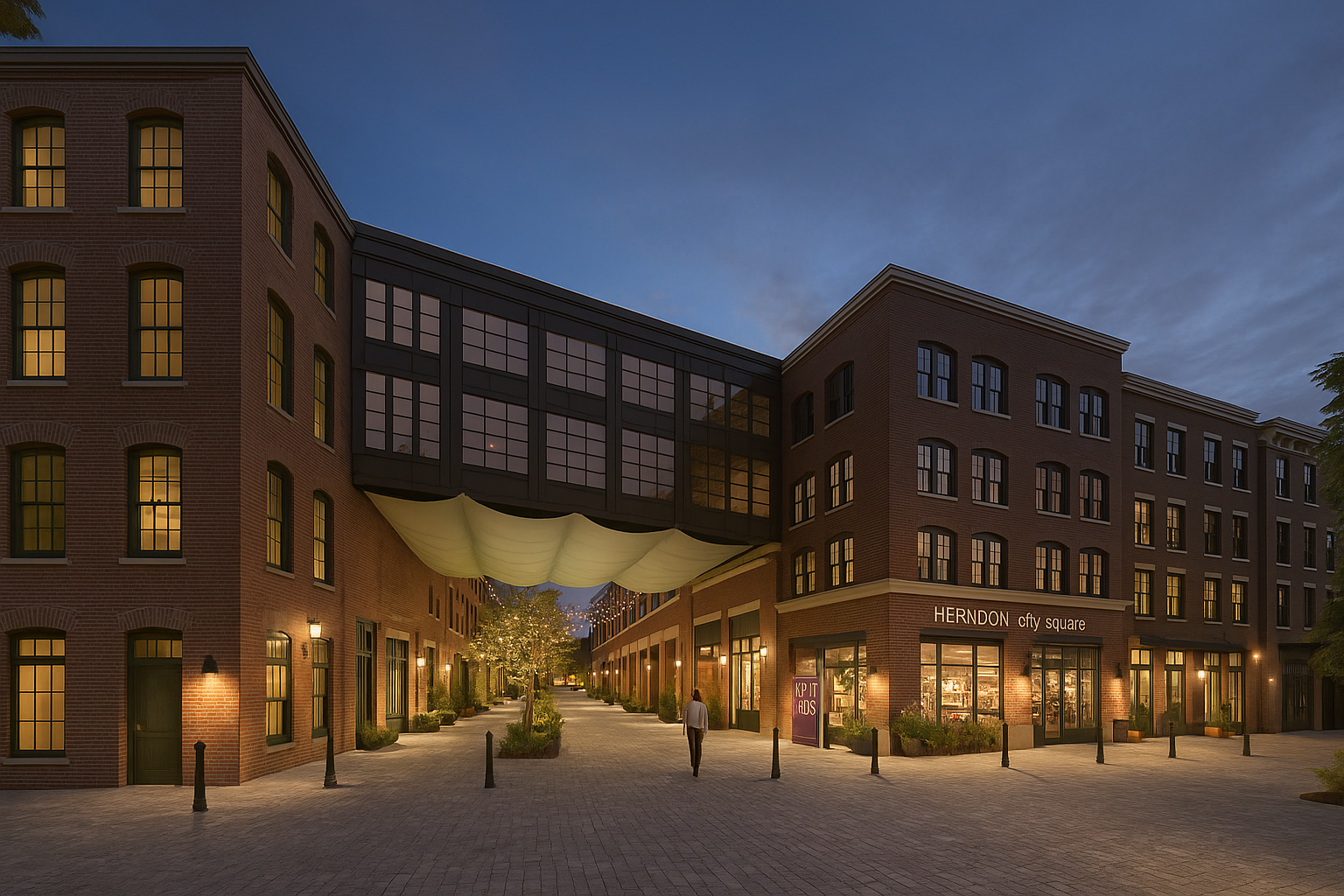 Herndon City Square glows at dusk with warm lights, red-brick architecture, and a canopy-covered walkway lined with greenery, creating a welcoming and vibrant community space. Herndon City Square glows at dusk with warm lights, red-brick architecture, and a canopy-covered walkway lined with greenery, creating a welcoming and vibrant community space.
