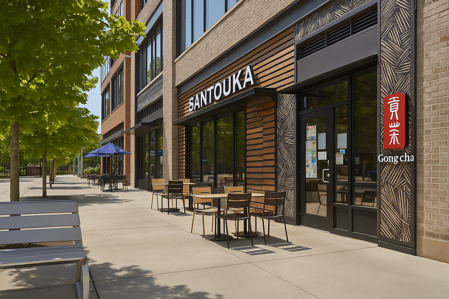 A modern, tree-lined sidewalk features sleek storefronts like Santouka and Gong cha, with outdoor seating and clean architecture bathed in bright, natural sunlight. A modern, tree-lined sidewalk features sleek storefronts like Santouka and Gong cha, with outdoor seating and clean architecture bathed in bright, natural sunlight.