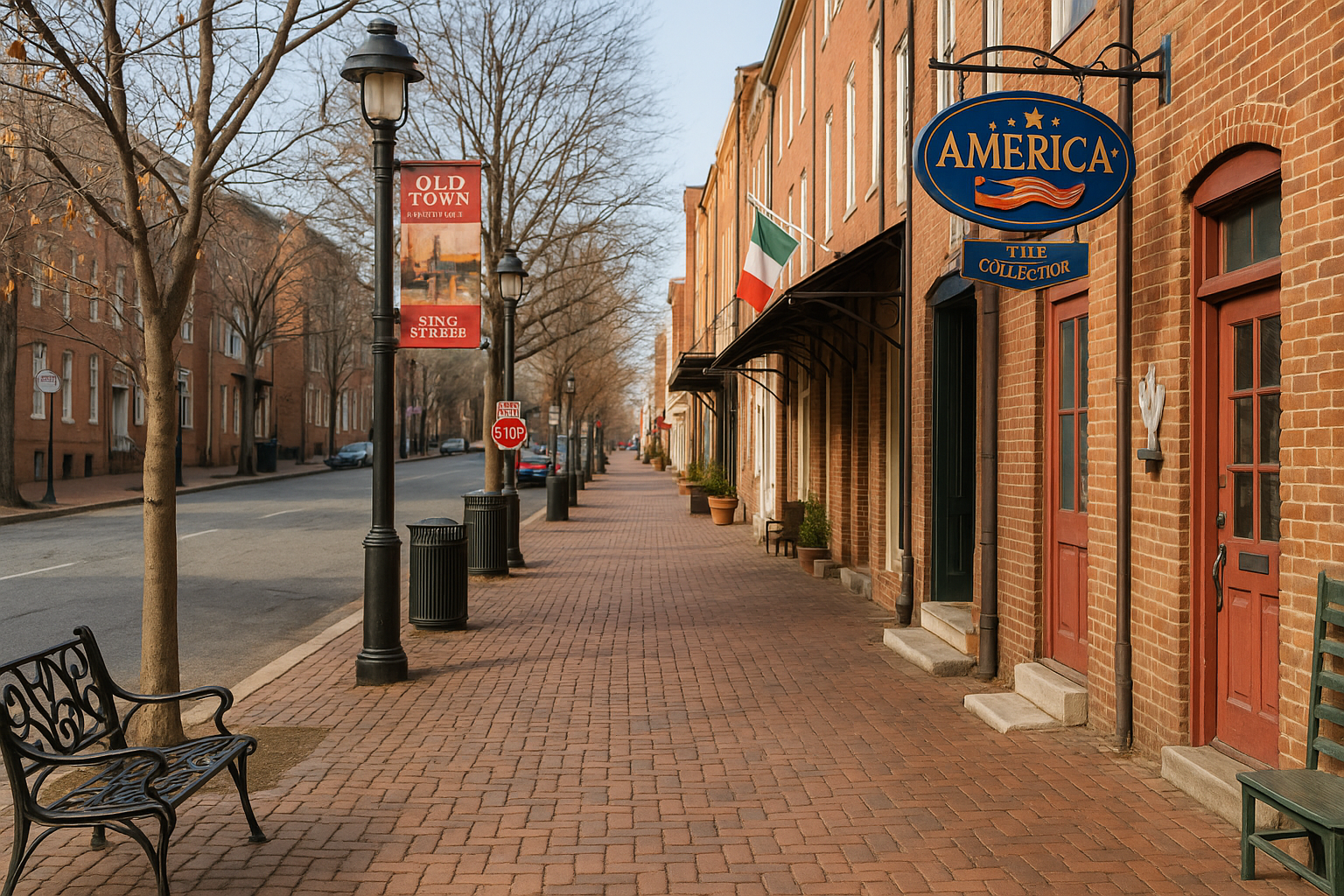 A charming brick-lined sidewalk on King Street in Old Town Alexandria features historic red-brick buildings, vintage lampposts, and classic storefronts, evoking timeless small-town appeal. A charming brick-lined sidewalk on King Street in Old Town Alexandria features historic red-brick buildings, vintage lampposts, and classic storefronts, evoking timeless small-town appeal.