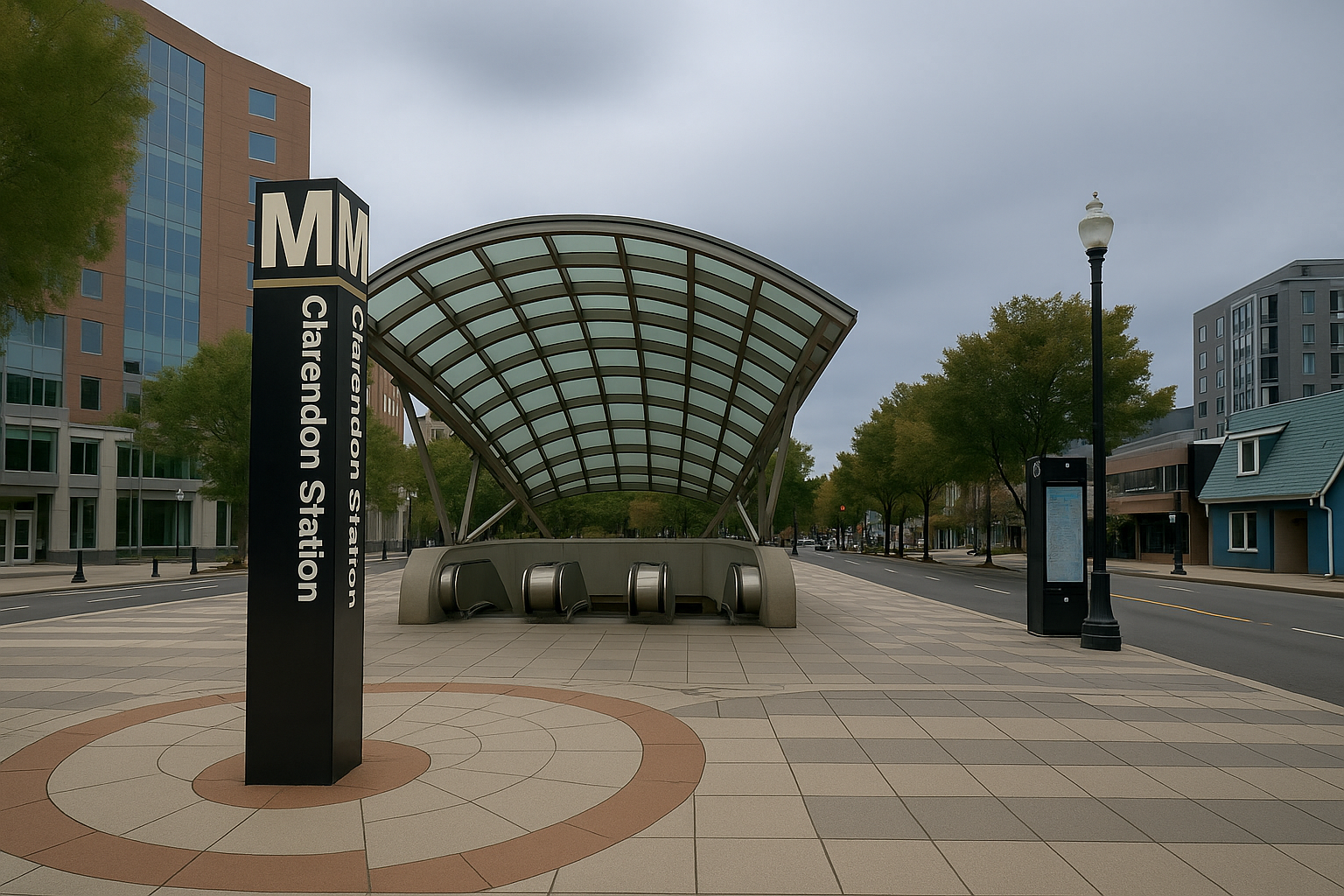 A modern, glass-canopied entrance to Clarendon Station stands beneath an overcast sky, surrounded by sleek city buildings, quiet streets, and clean, patterned sidewalks in Arlington, Virginia. A modern, glass-canopied entrance to Clarendon Station stands beneath an overcast sky, surrounded by sleek city buildings, quiet streets, and clean, patterned sidewalks in Arlington, Virginia.