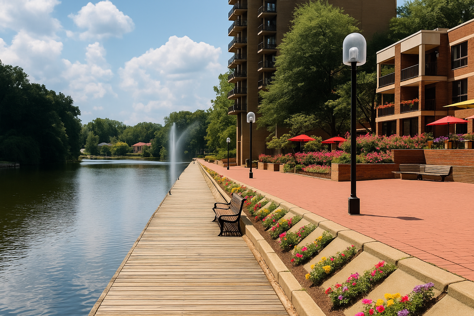 A peaceful lakeside boardwalk lined with colorful flowerbeds and empty benches stretches beside modern brick buildings and a fountain under a bright summer sky. A peaceful lakeside boardwalk lined with colorful flowerbeds and empty benches stretches beside modern brick buildings and a fountain under a bright summer sky.