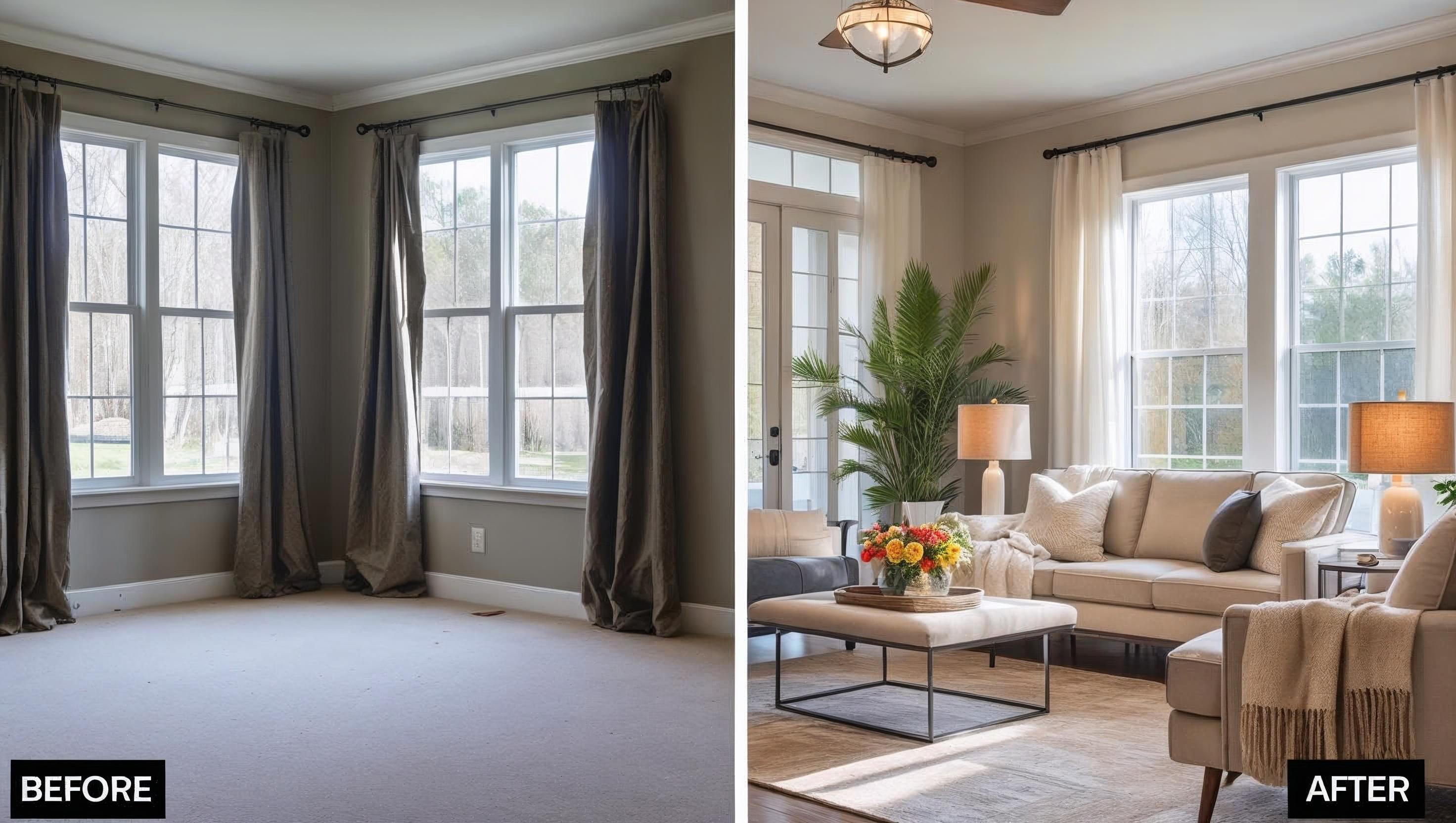 Before and after image of a living room in a Loudoun County home. The left side shows an empty, dimly lit space with dark curtains and no furniture. The right side shows the same room fully staged with a neutral sofa, cozy pillows, soft lighting, modern decor, and natural light—highlighting the impact of professional home staging. Before and after image of a living room in a Loudoun County home. The left side shows an empty, dimly lit space with dark curtains and no furniture. The right side shows the same room fully staged with a neutral sofa, cozy pillows, soft lighting, modern decor, and natural light—highlighting the impact of professional home staging.