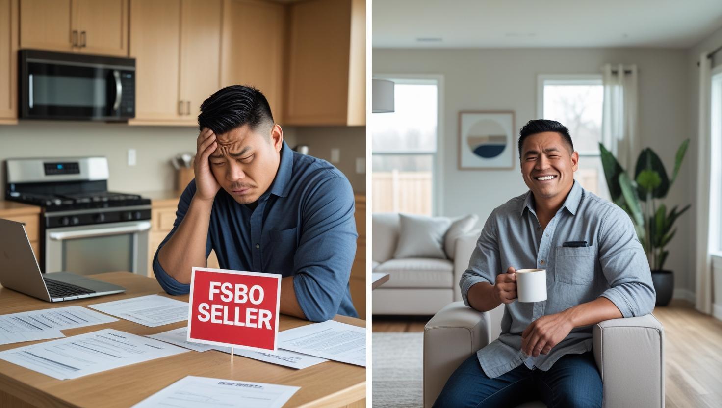 Split-screen image of a home seller in Loudoun County. Left side shows a stressed FSBO seller surrounded by paperwork and a red 'FSBO Seller' sign at the kitchen table. Right side shows the same seller relaxed and smiling with a coffee mug in a professionally staged living room, representing the difference between selling FSBO and using a real estate agent. Split-screen image of a home seller in Loudoun County. Left side shows a stressed FSBO seller surrounded by paperwork and a red 'FSBO Seller' sign at the kitchen table. Right side shows the same seller relaxed and smiling with a coffee mug in a professionally staged living room, representing the difference between selling FSBO and using a real estate agent.