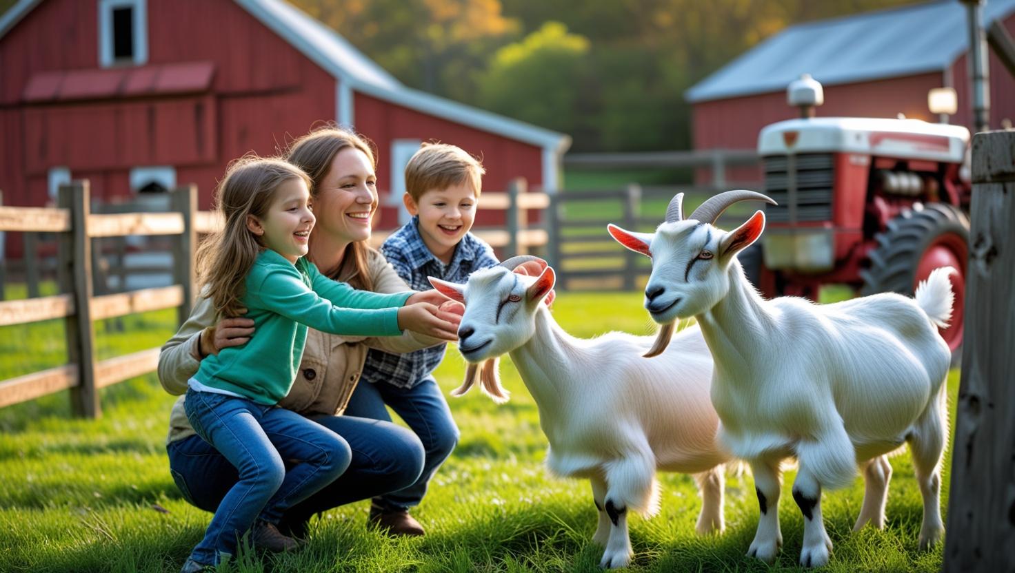 A mother with her young son and daughter feeding two white goats at Frying Pan Farm Park in Northern Virginia. The scene includes rustic wooden fences, red barns, and a vintage red tractor in the background, with bright green grass and warm sunlight creating a cheerful, family-friendly atmosphere. A mother with her young son and daughter feeding two white goats at Frying Pan Farm Park in Northern Virginia. The scene includes rustic wooden fences, red barns, and a vintage red tractor in the background, with bright green grass and warm sunlight creating a cheerful, family-friendly atmosphere.