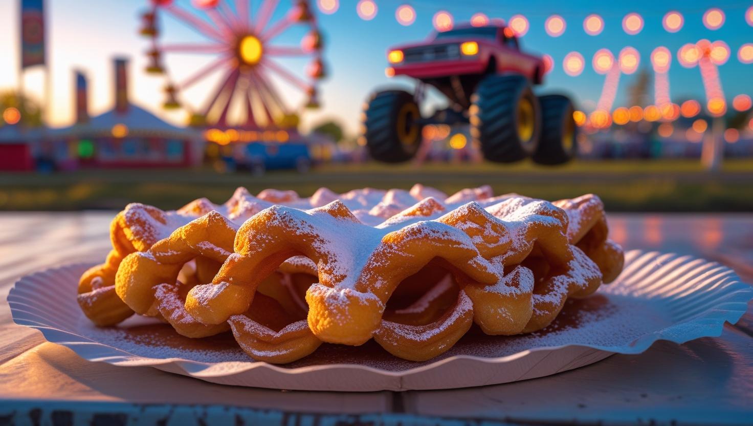Close-up of a powdered sugar-covered funnel cake on a paper plate at the Prince William County Fair in Manassas, Virginia, with a Ferris wheel and a Monster Truck in the softly blurred background under warm golden hour lighting. Close-up of a powdered sugar-covered funnel cake on a paper plate at the Prince William County Fair in Manassas, Virginia, with a Ferris wheel and a Monster Truck in the softly blurred background under warm golden hour lighting.