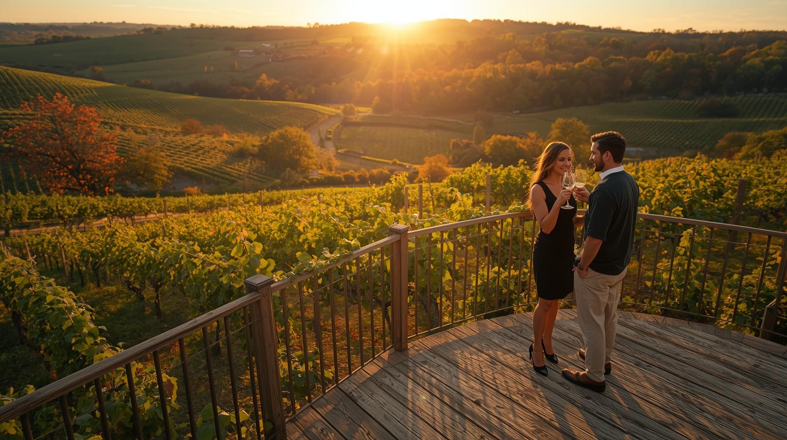 Couple clinking wine glasses at a Virginia vineyard with rolling hills and grapevines glowing in early fall sunlight.