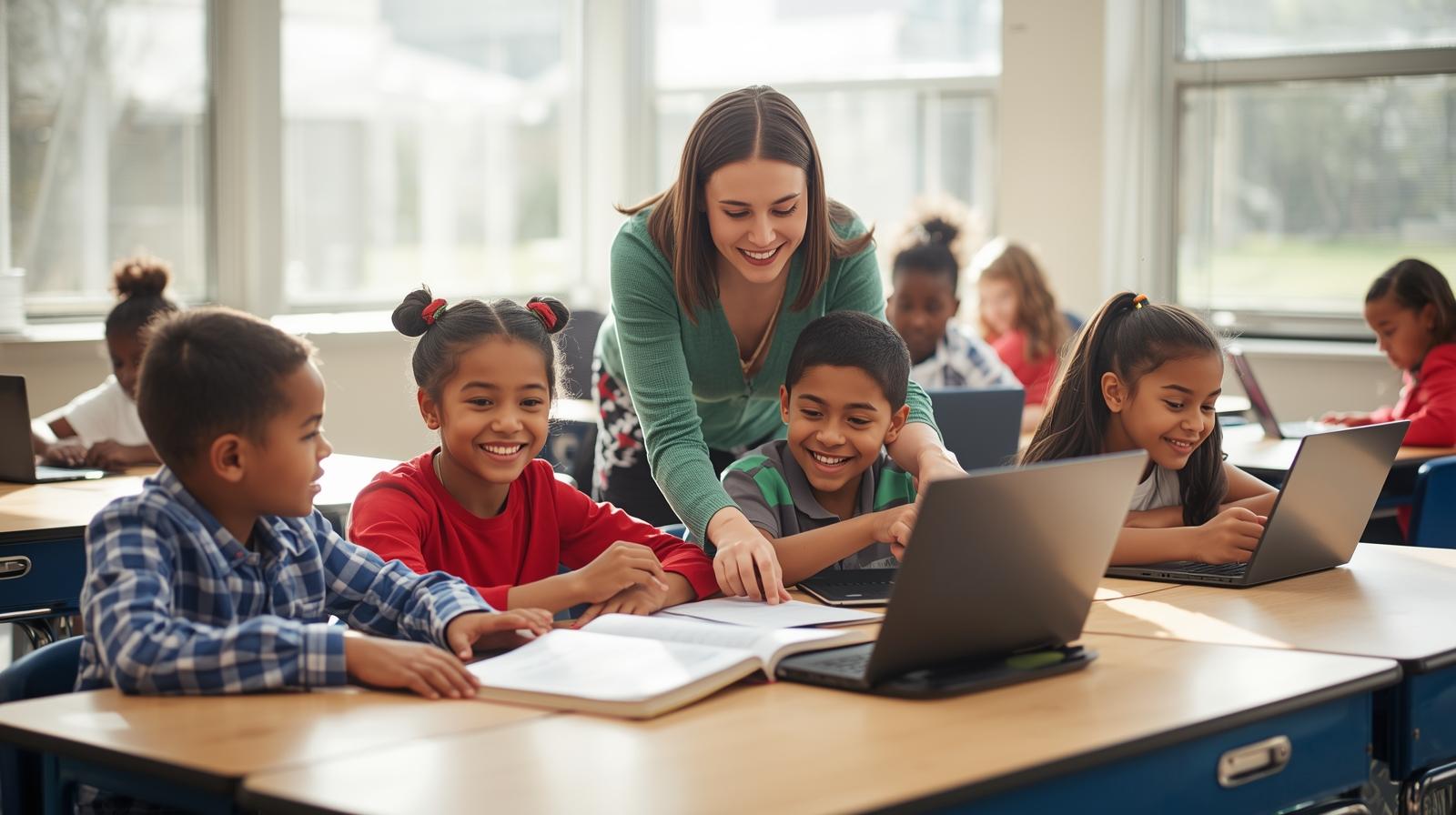 Elementary students in Arlington, Virginia, sitting at classroom tables with laptops and books, learning with teacher guidance in a bright space. Elementary students in Arlington, Virginia, sitting at classroom tables with laptops and books, learning with teacher guidance in a bright space.