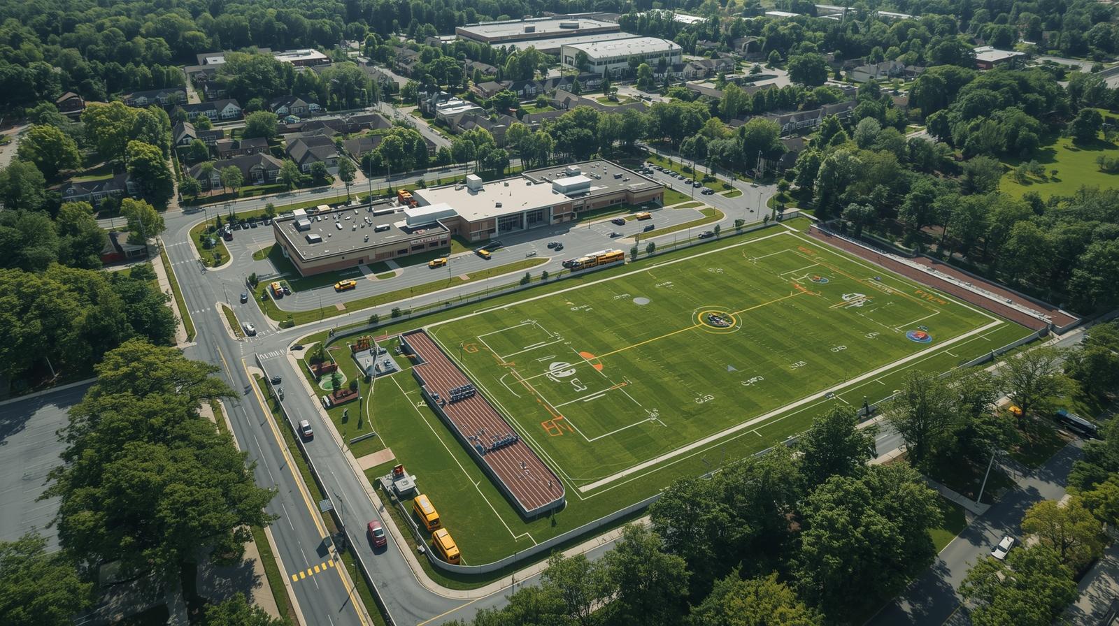 Aerial view of a Fairfax County high school campus with sports fields, yellow school buses, and tree-lined suburban neighborhoods. Aerial view of a Fairfax County high school campus with sports fields, yellow school buses, and tree-lined suburban neighborhoods.