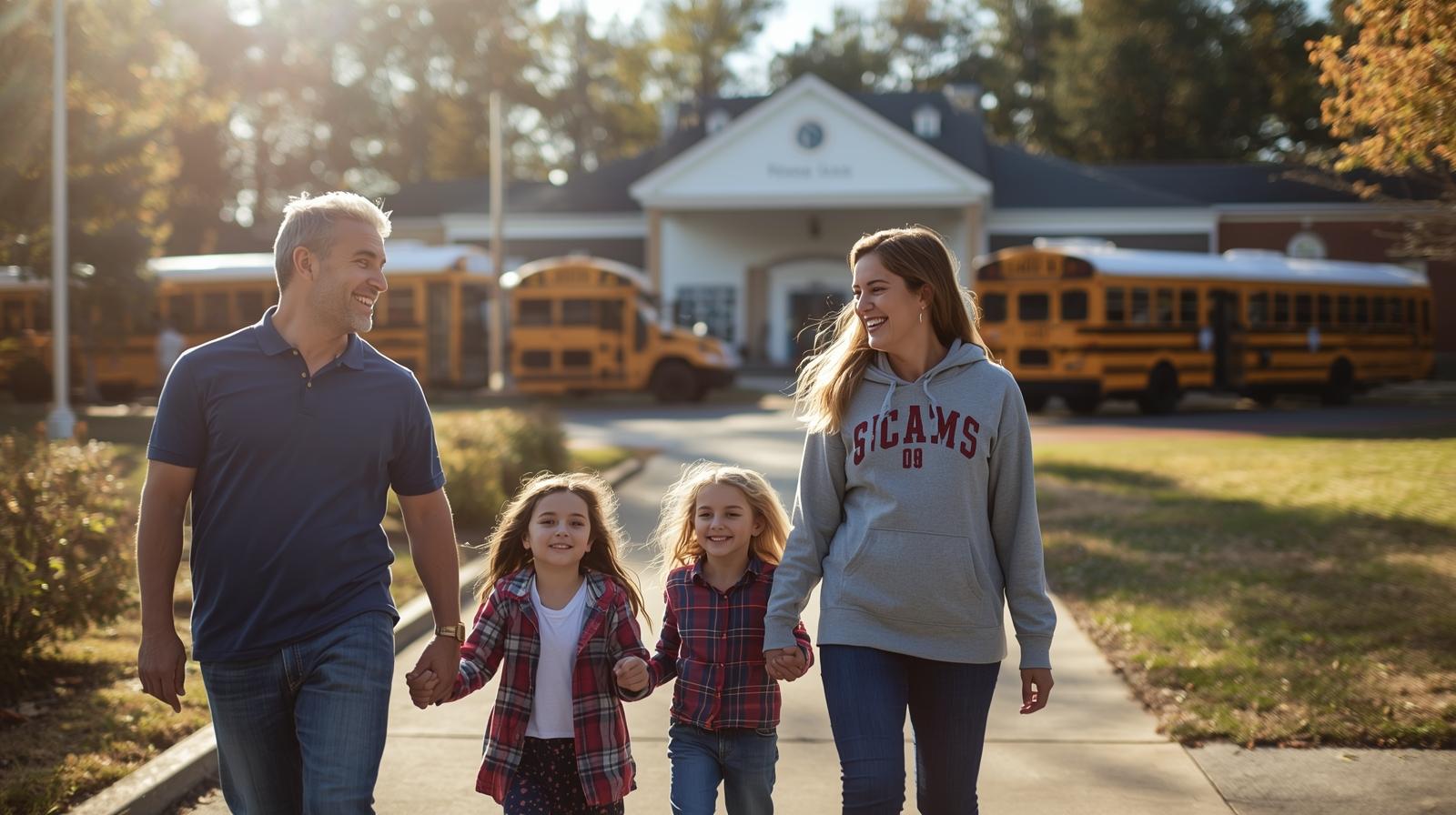 Smiling family with two children walking toward a Prince William County middle school with yellow school buses in the background. Smiling family with two children walking toward a Prince William County middle school with yellow school buses in the background.