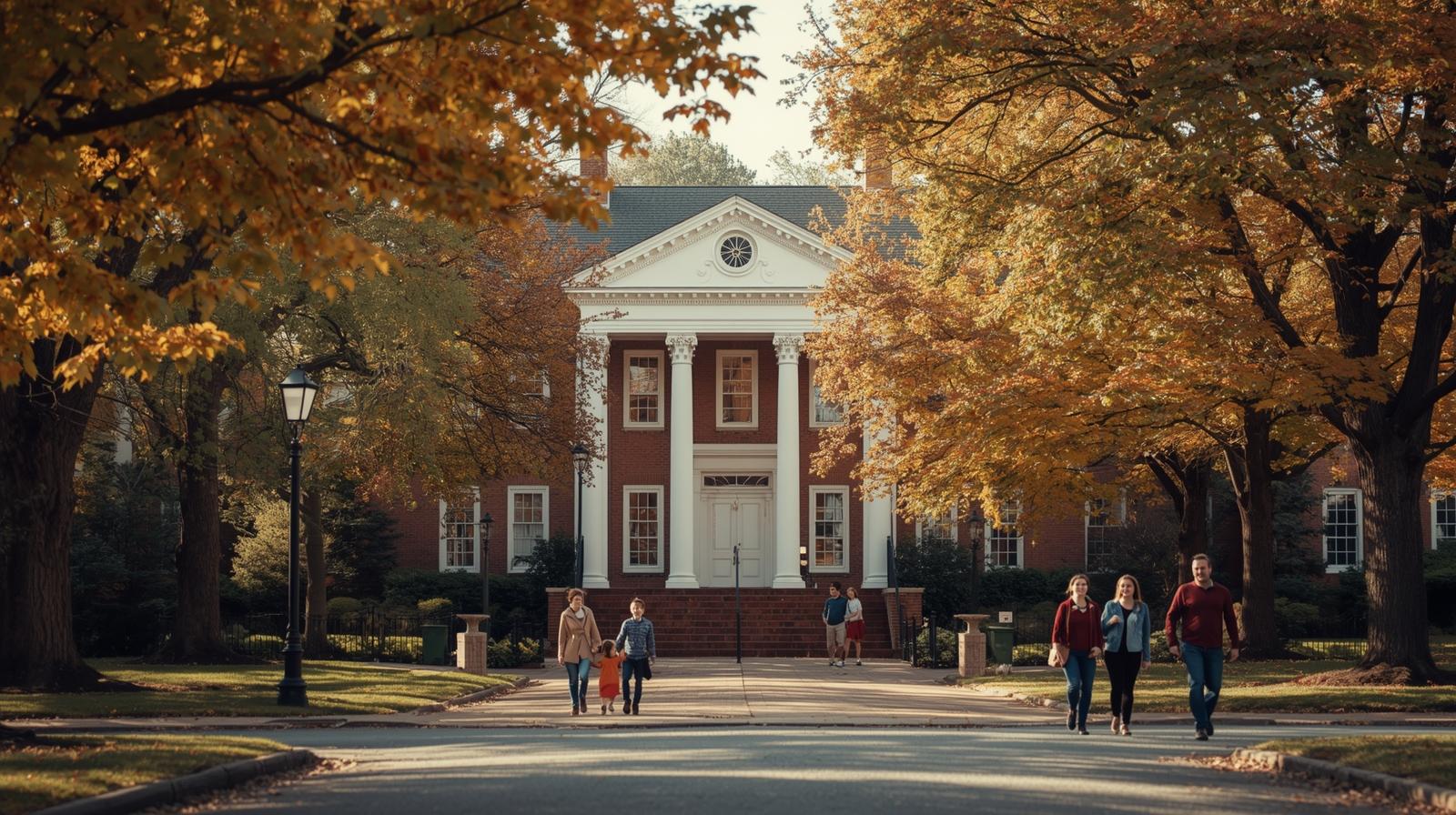 Historic brick school building in Alexandria, Virginia, with tree-lined streets and families with young children walking nearby. Historic brick school building in Alexandria, Virginia, with tree-lined streets and families with young children walking nearby.