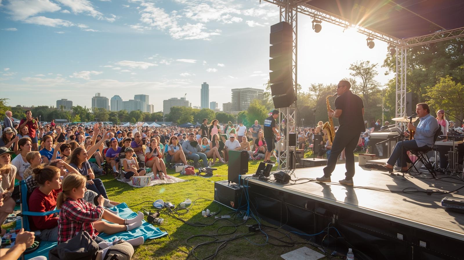 Jazz musician playing at Rosslyn Jazz Fest in Arlington with a crowd enjoying the music in the park.