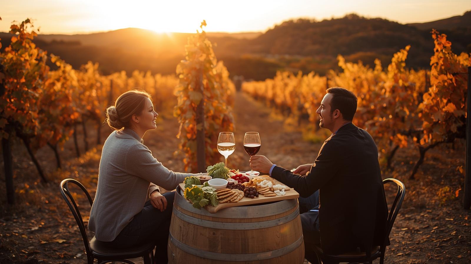 Couple enjoying wine and snacks at a Loudoun County vineyard with a sunset view and fall scenery.