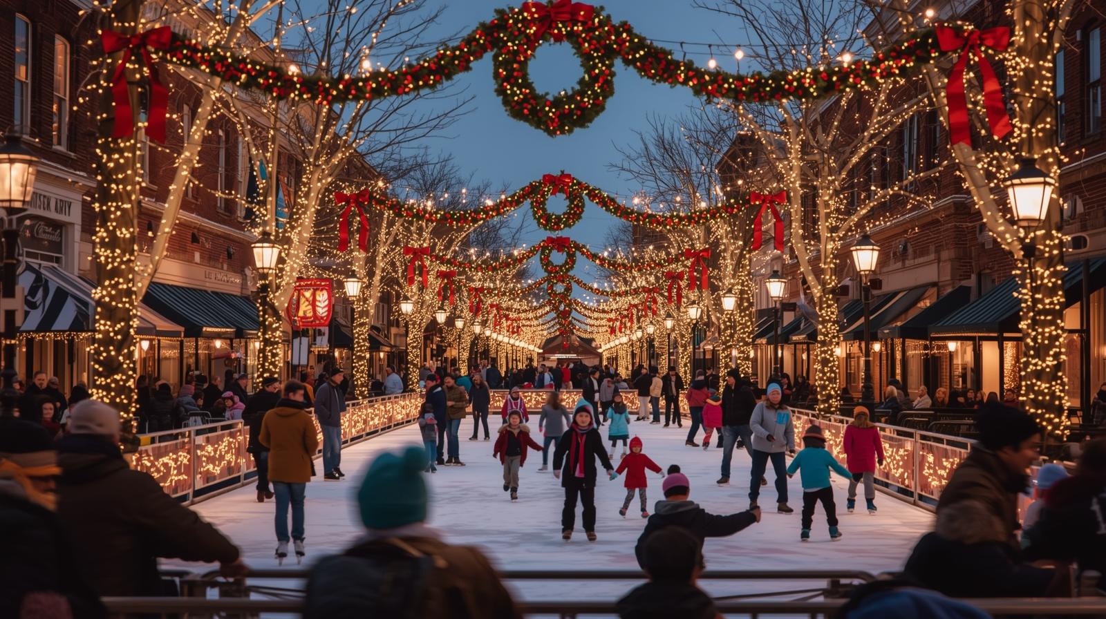 Historic Downtown Manassas decorated with holiday lights and ice skating during December.