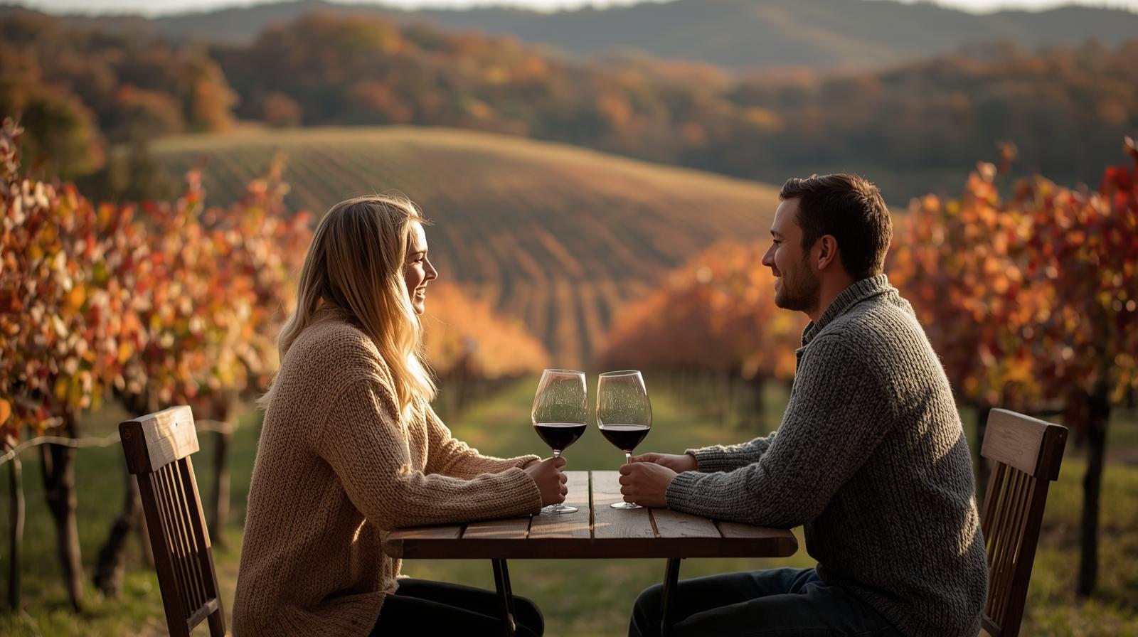 “Couple sitting at a rustic outdoor table at The Winery at La Grange in Haymarket, VA, with wine glasses, cozy sweaters, and fall vineyard views.