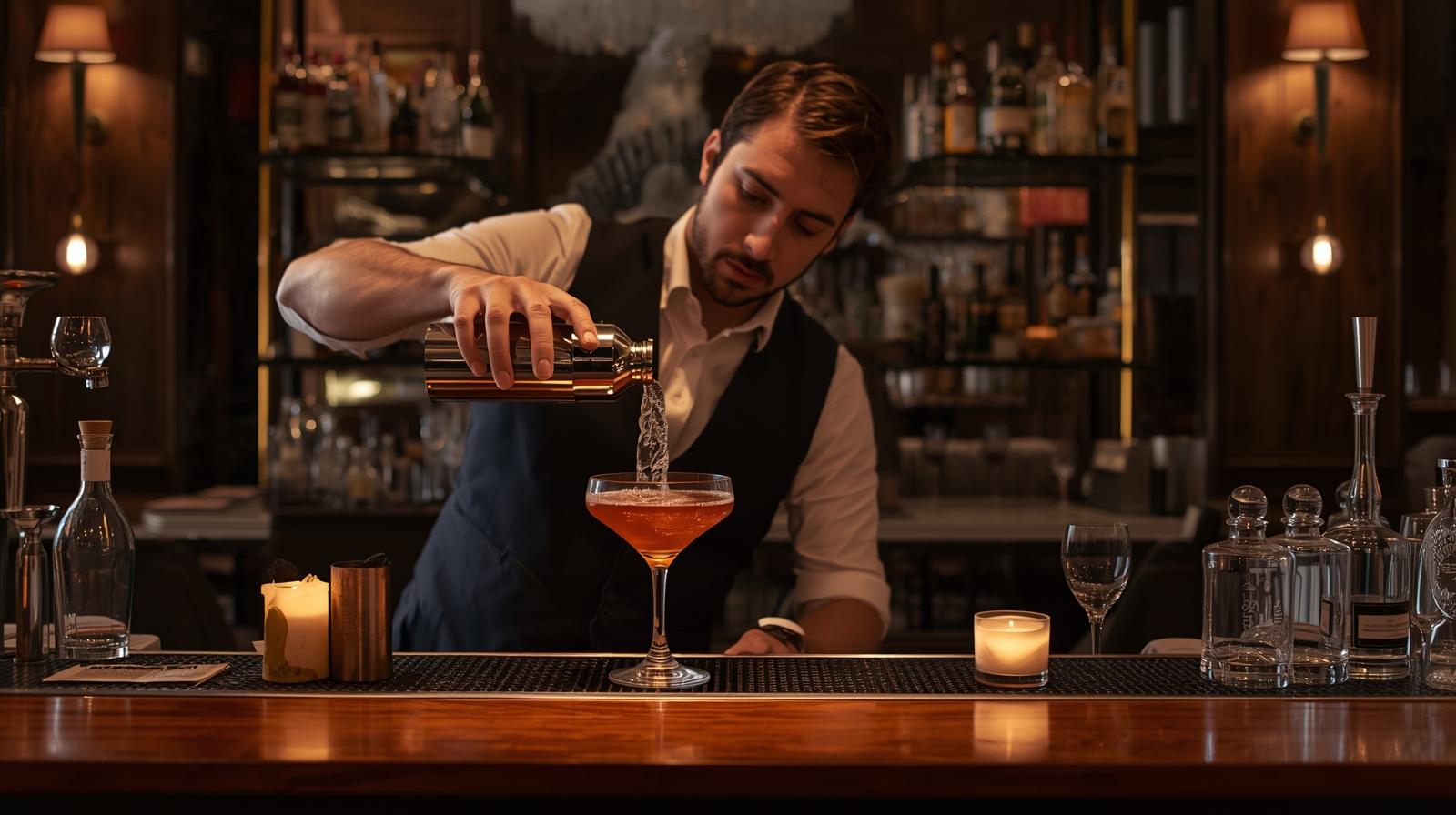 Bartender serving a craft cocktail at Rock Harper’s no-phones bar in Washington DC.