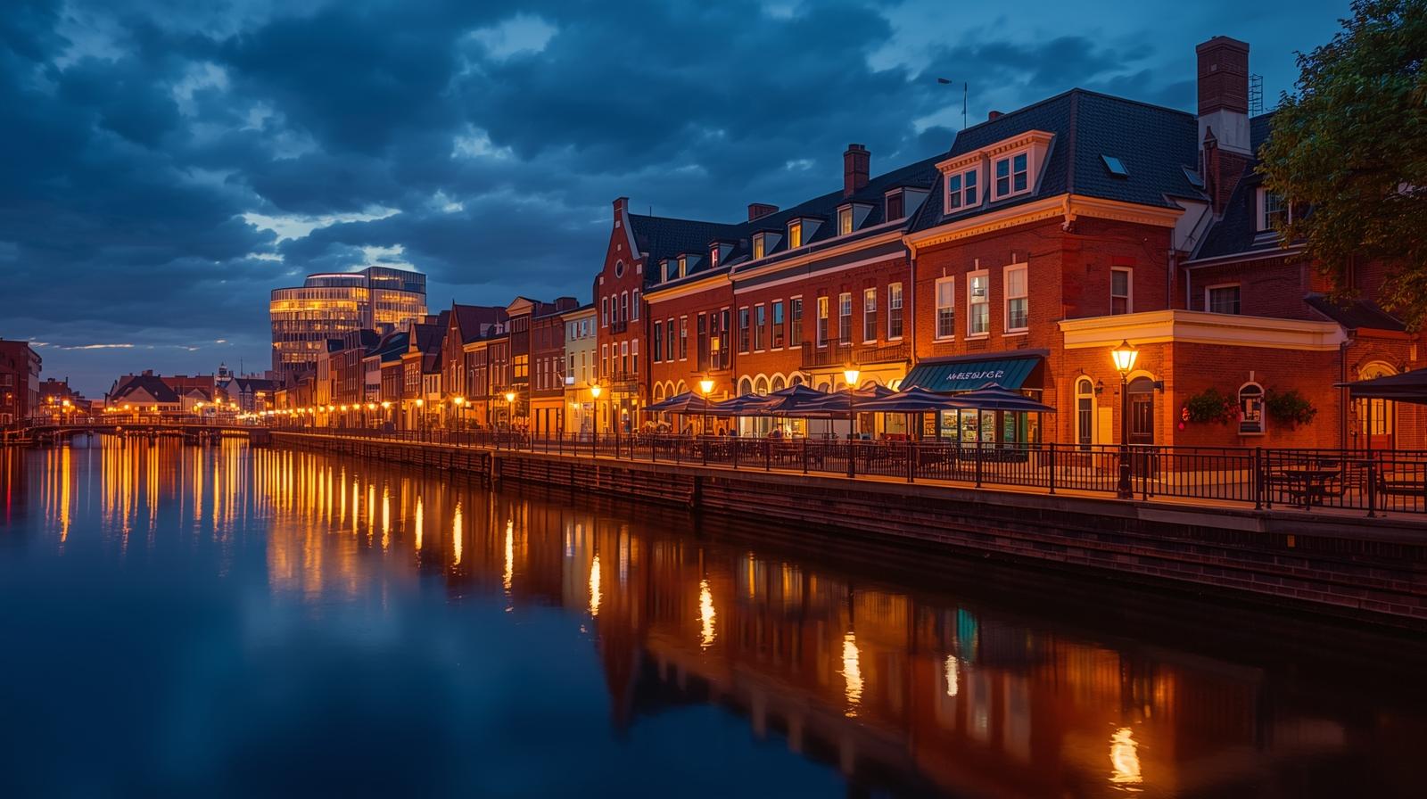 Alexandria waterfront at night, showing Northern Virginia’s charm and closeness to DC.