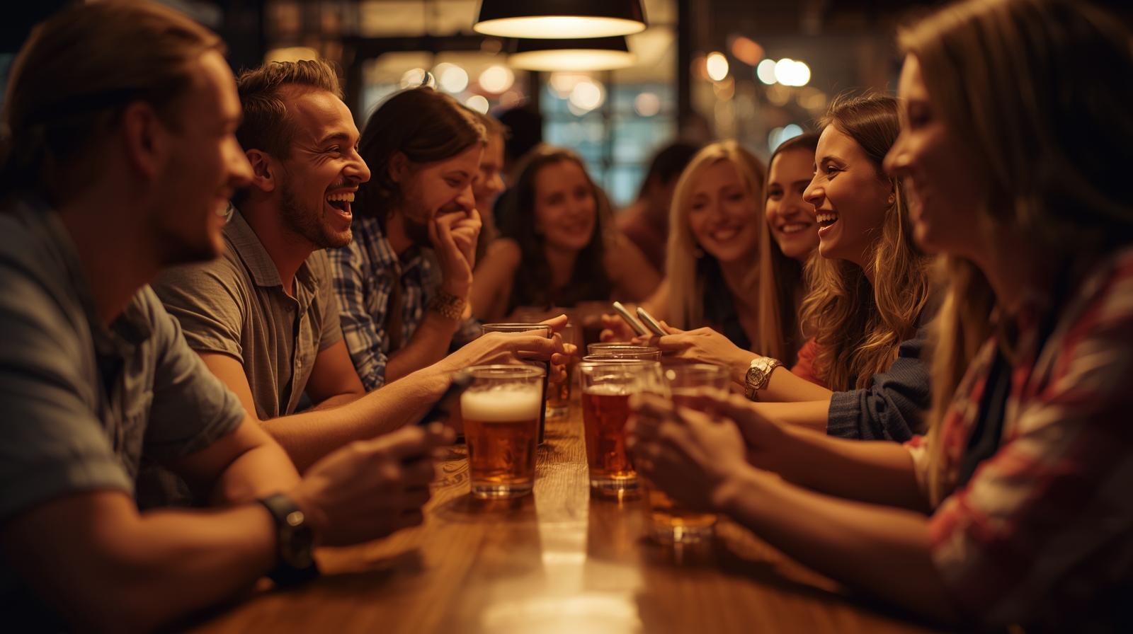 Friends enjoying face-to-face conversation without phones in a DC bar.