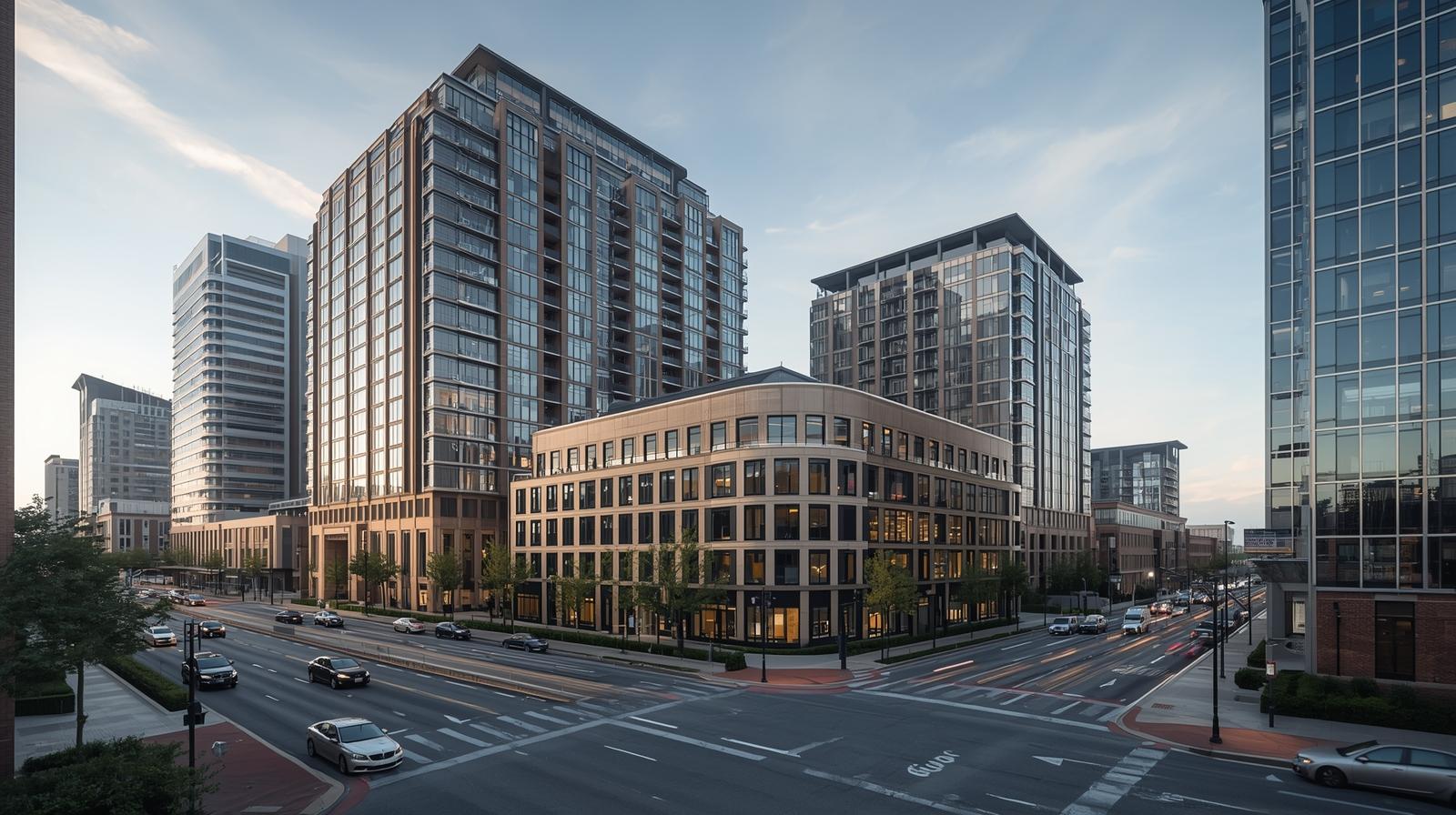 Skyline of Tysons Corner with high-rise condos and office towers, bustling modern vibe, cars on the road, realistic city photography style.
