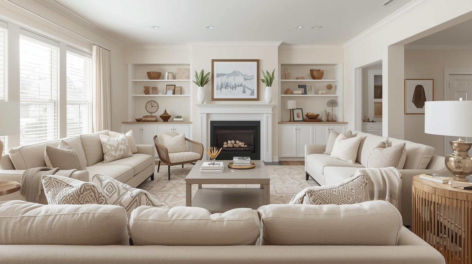 Professional home staging setup in a bright Northern Virginia living room, neutral furniture, cozy accents, clean and minimalist, realistic photography, wide lens view.