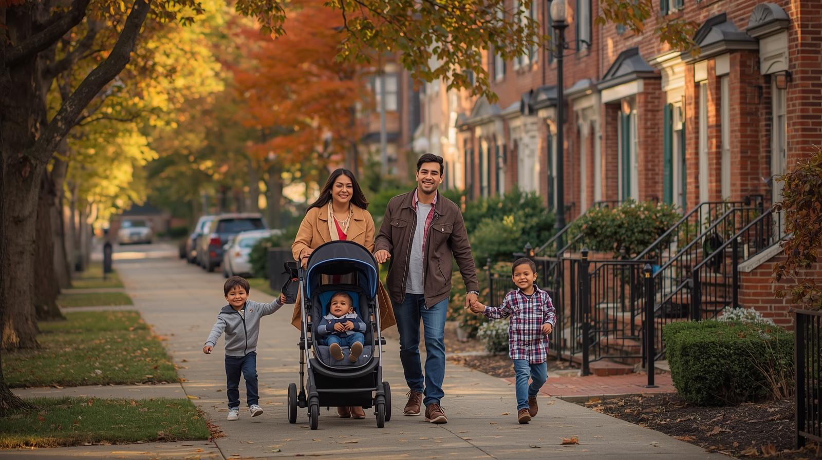 Family walking along a tree-lined street in Arlington, brick townhomes in the background, stroller and kids playing, autumn colors, realistic lifestyle photography.