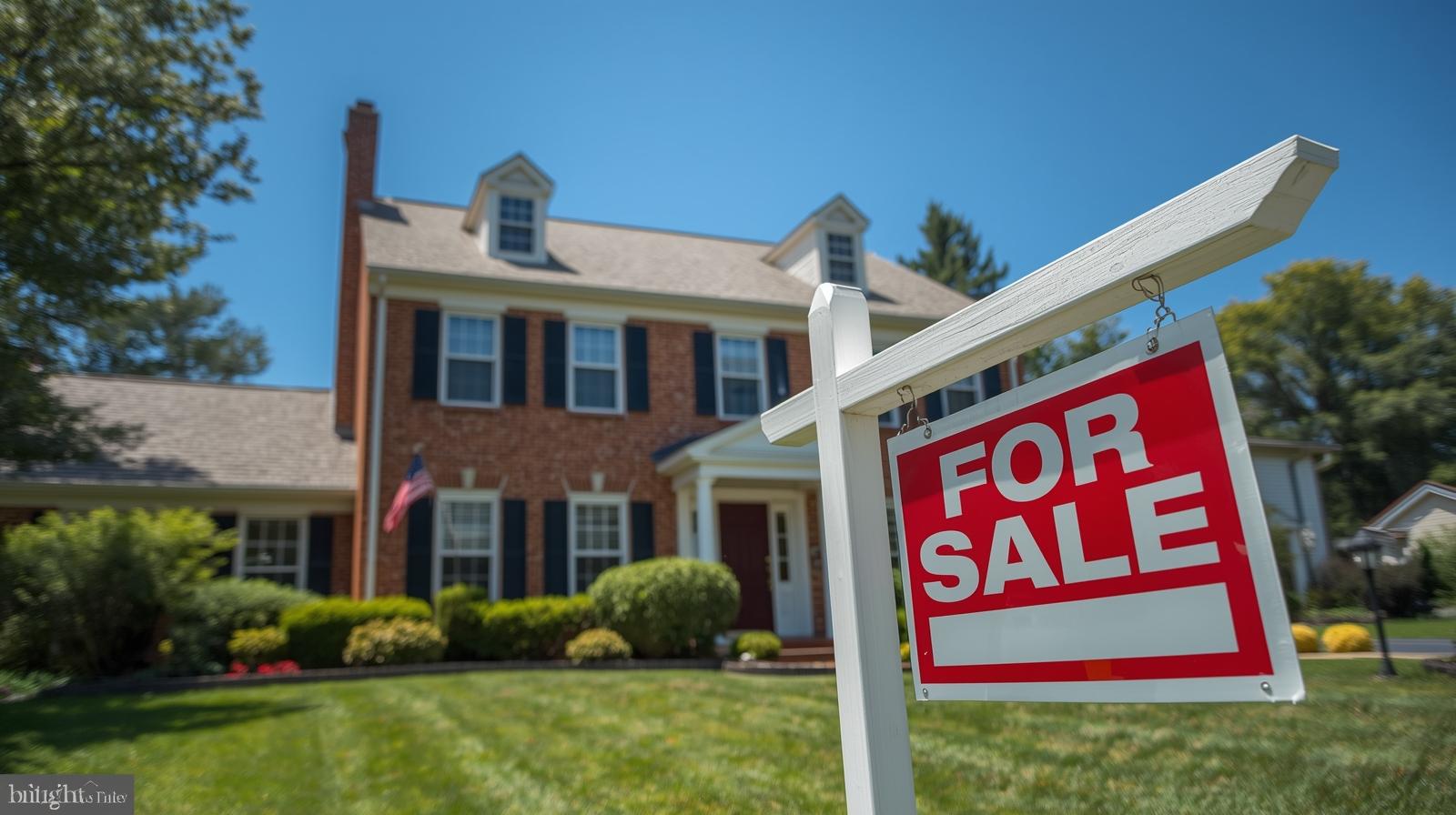 Close-up of a home for sale sign in front of a brick colonial-style Northern Virginia house, clear sky, vibrant colors, realistic real estate photography.