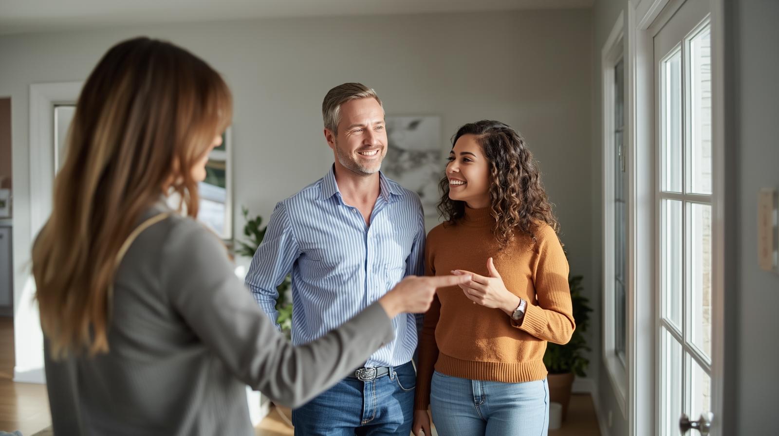 Young diverse couple touring a modern townhouse in Fairfax County with a real estate agent, natural light, welcoming interior, realistic style, focus on excitement and decision-making moment