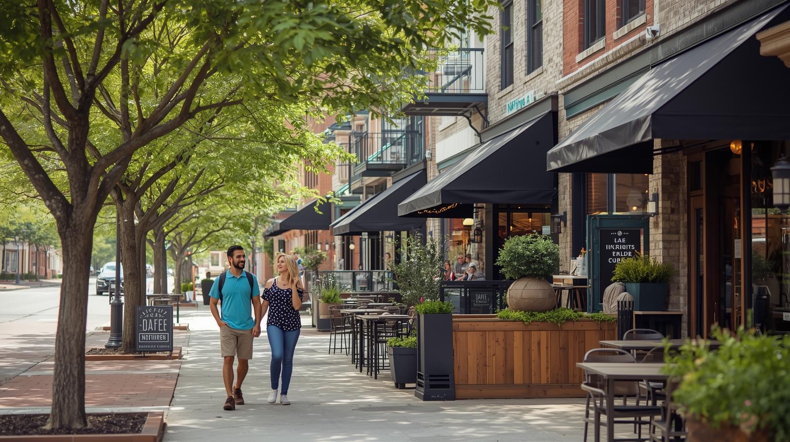 Couple exploring Arlington neighborhood with coffee shops and local stores. Couple exploring Arlington neighborhood with coffee shops and local stores.