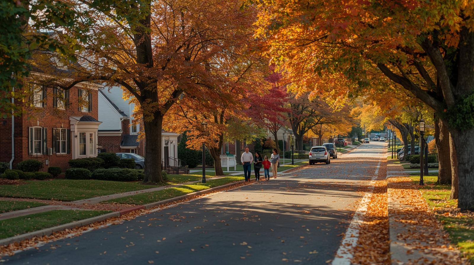 Neighborhood in Falls Church VA with colonial-style homes and tree-lined streets. Neighborhood in Falls Church VA with colonial-style homes and tree-lined streets.