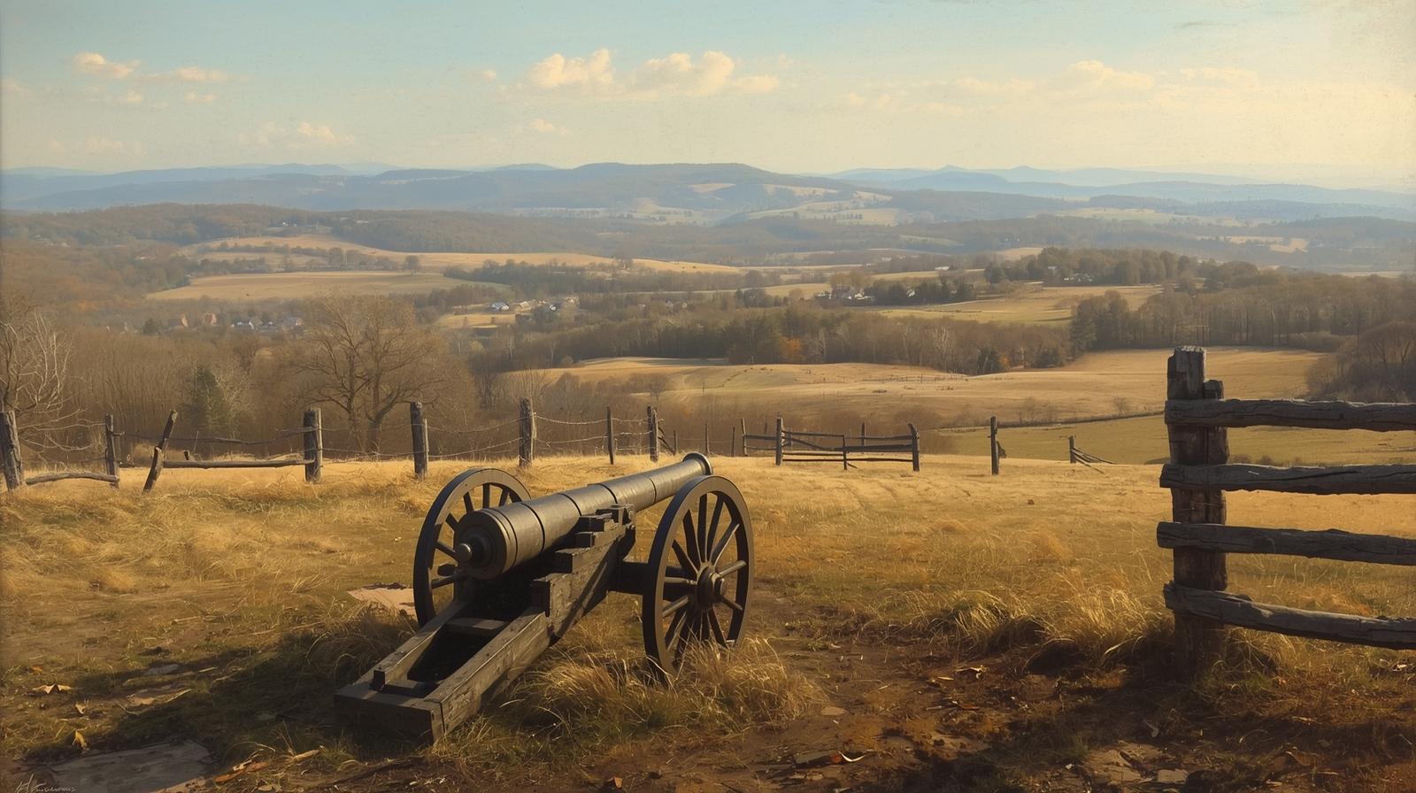 Historic Civil War battlefield in Fauquier County VA with cannon and countryside. Historic Civil War battlefield in Fauquier County VA with cannon and countryside.