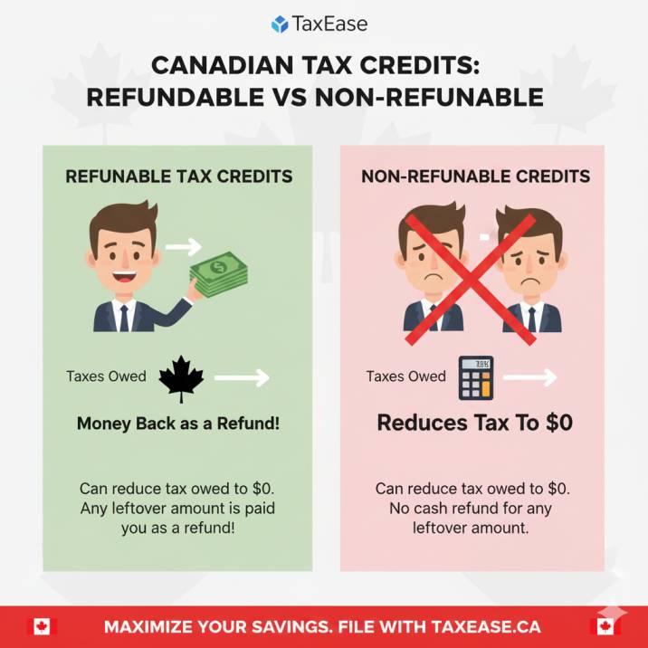A simple infographic comparing refundable vs non-refundable tax credits in Canada, showing money flowing back in refundable but stopping at zero in non-refundable.
