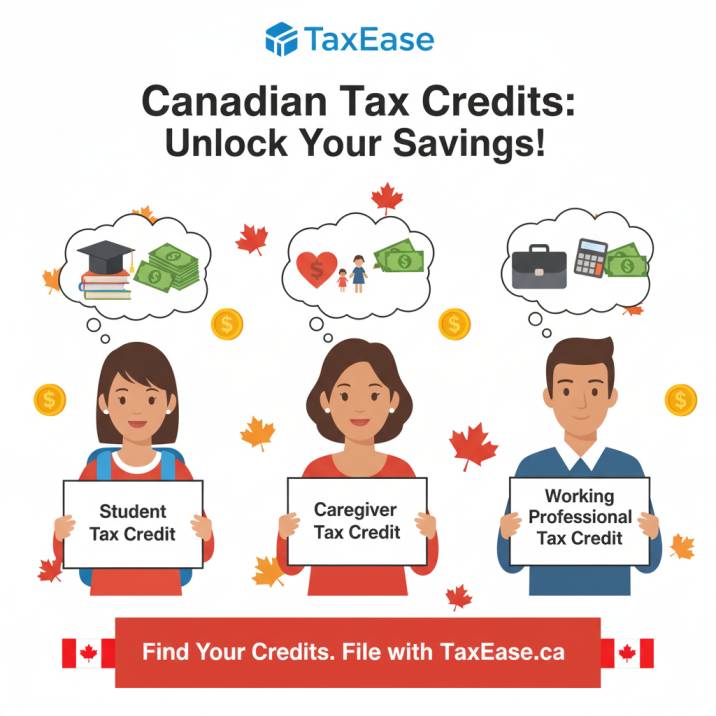 A Canadian student, caregiver, and working professional each holding a “tax credit” sign, with money symbols above them showing different types of credits.