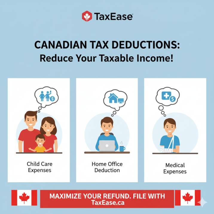 Infographic showing a Canadian family, a remote worker, and a patient, each with deduction icons like medical, home office, and child care expenses.