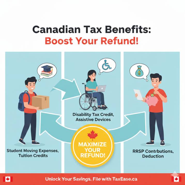 A Canadian student moving boxes, a person with a disability using technology, and a worker contributing to an RRSP—all connected with arrows leading to “tax refund boost.”