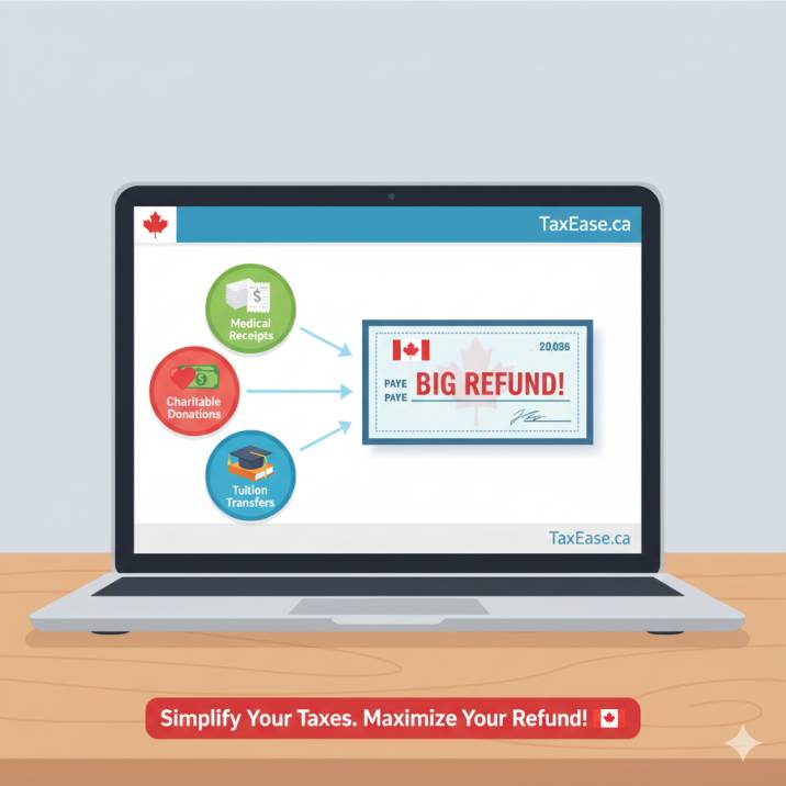 A laptop screen showing Canadian tax software interface, with icons for receipts, donations, and tuition transfer flowing into a big refund cheque.
