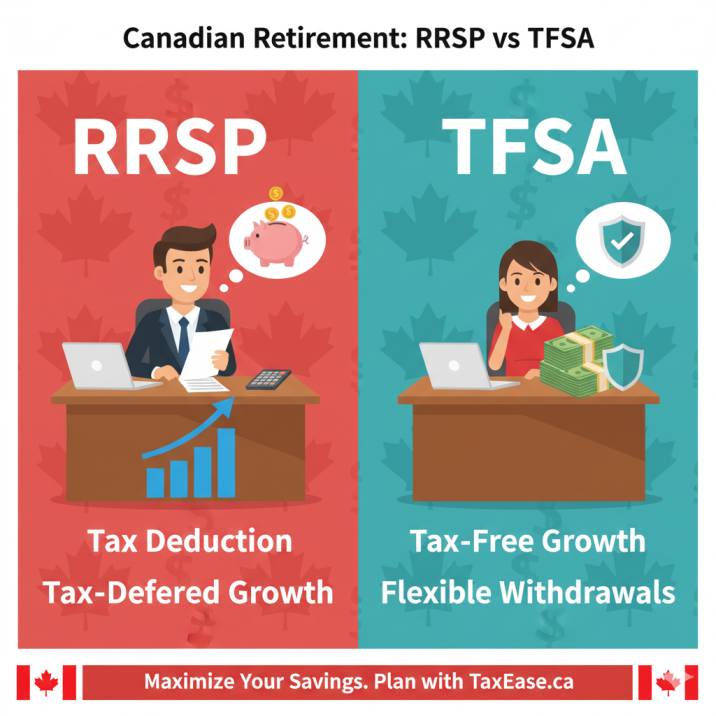 A Canadian professional at a desk with tax forms, showing a rising bar graph and the word “Tax Deduction” on the RRSP side.