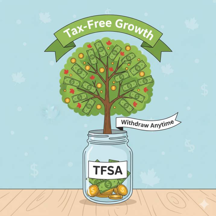 An illustration of a TFSA savings jar growing into a tree with money leaves, labeled “Tax-Free Growth” and “Withdraw Anytime.