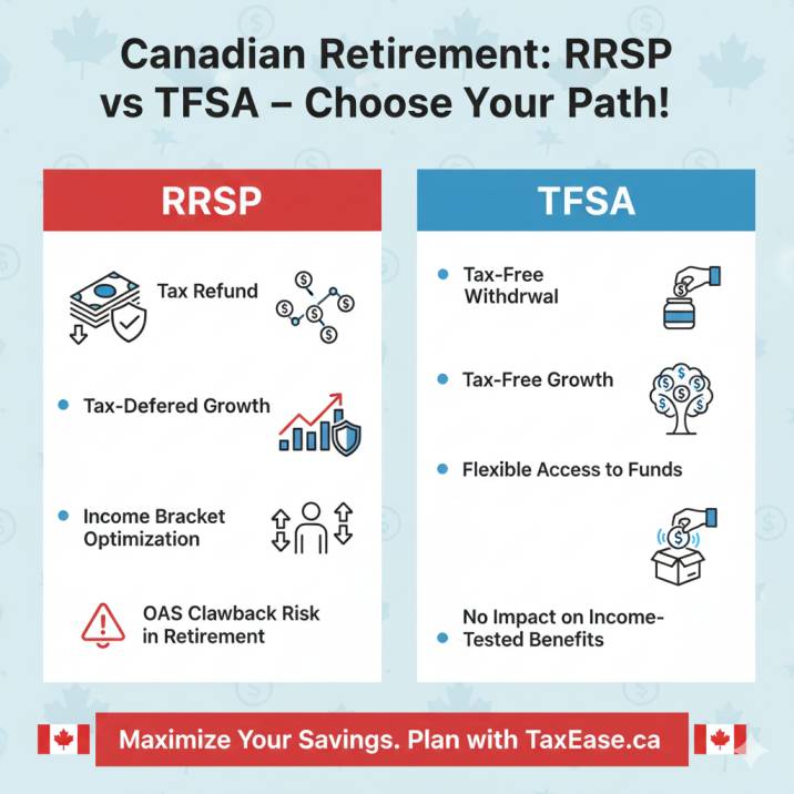 Infographic comparing RRSP vs TFSA with icons: tax refund, tax-free withdrawal, income bracket arrows, and OAS clawback warning.