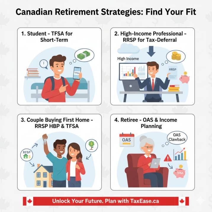 Four mini-scenes: (1) a student with a TFSA, (2) a high-income professional with RRSP, (3) a couple buying a house with RRSP+TFSA, (4) a retiree with OAS income planning.